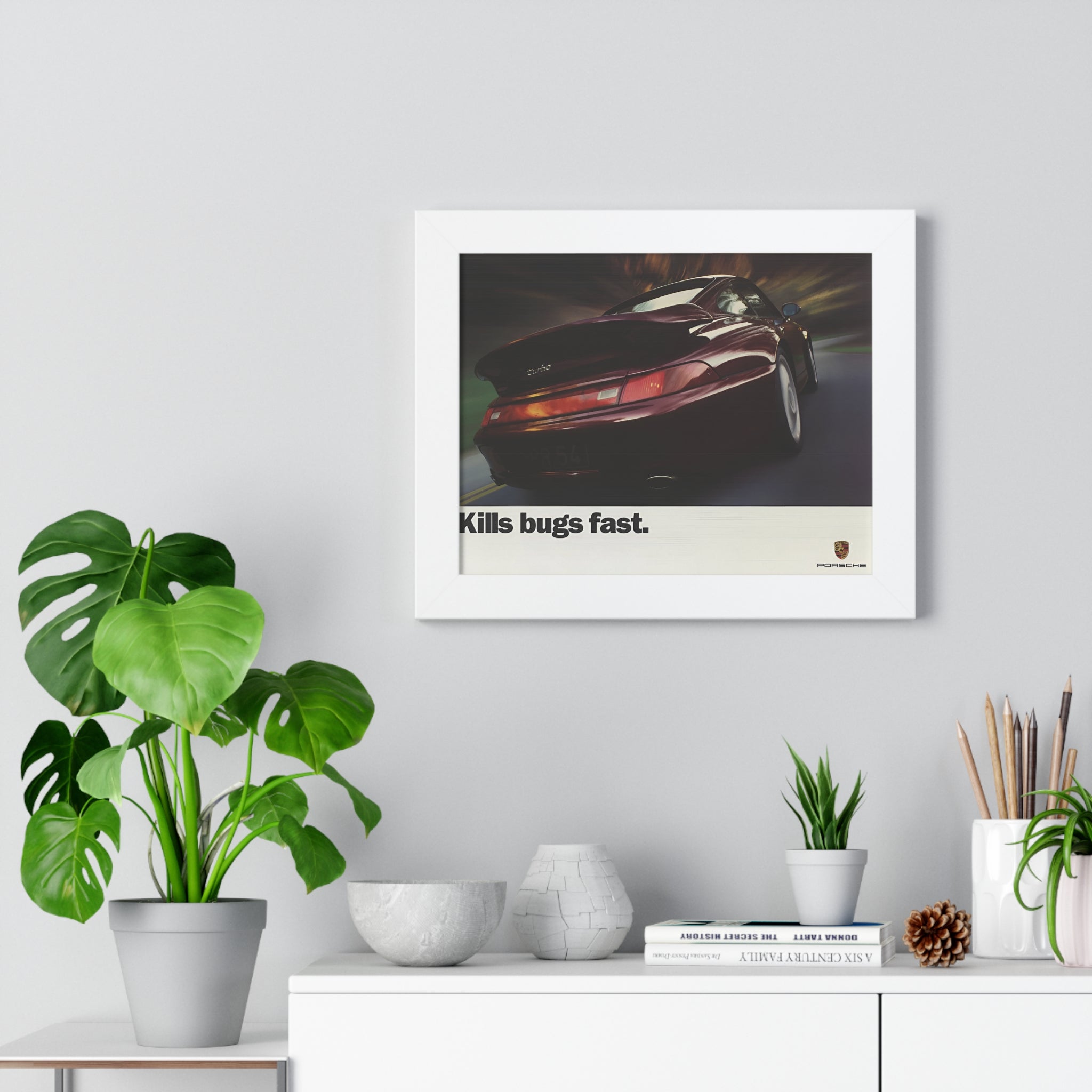 Porsche 911 Turbo — "Kills Bugs Fast" | Vintage Ad Framed Poster