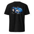 Porsche 956 Kremer Racing t-shirt back print — weathered blue BP-liveried 956 long-tail Group C car in front three-quarter view on a black tee