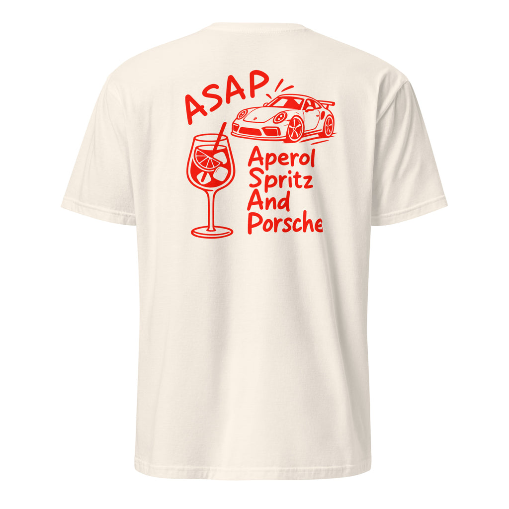 ASAP Aperol Spritz And Porsche t-shirt back print — hand-drawn red spritz glass with orange slice next to a winged Porsche 911 GT3 RS on a natural tee