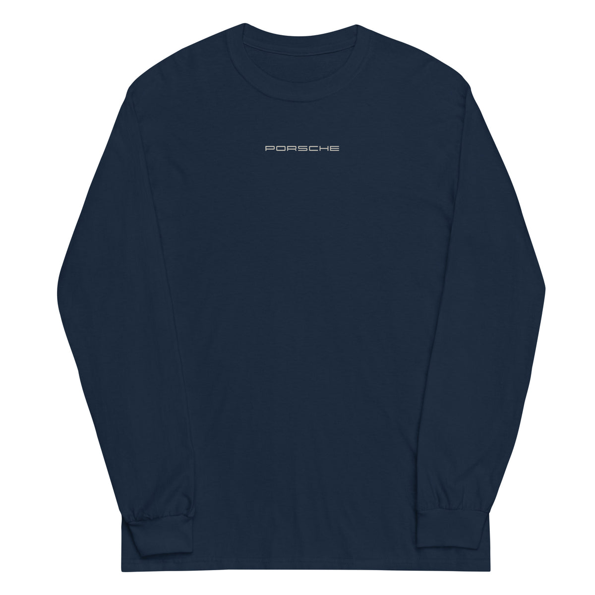 Navy Porsche long sleeve shirt front — small cream Porsche wordmark centred on the chest