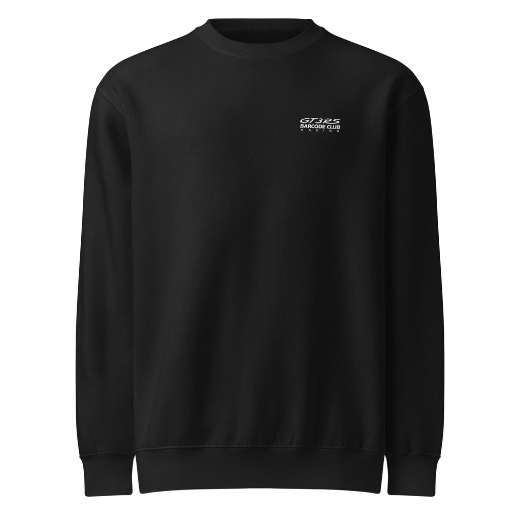 Black crew neck sweatshirt front — GT3 RS Barcode Club Racing chest badge in white