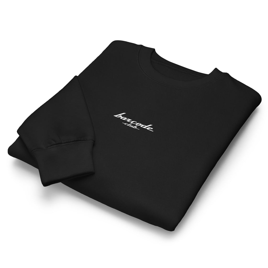 Black crew neck sweatshirt front — small white Barcode Club script logo on the chest